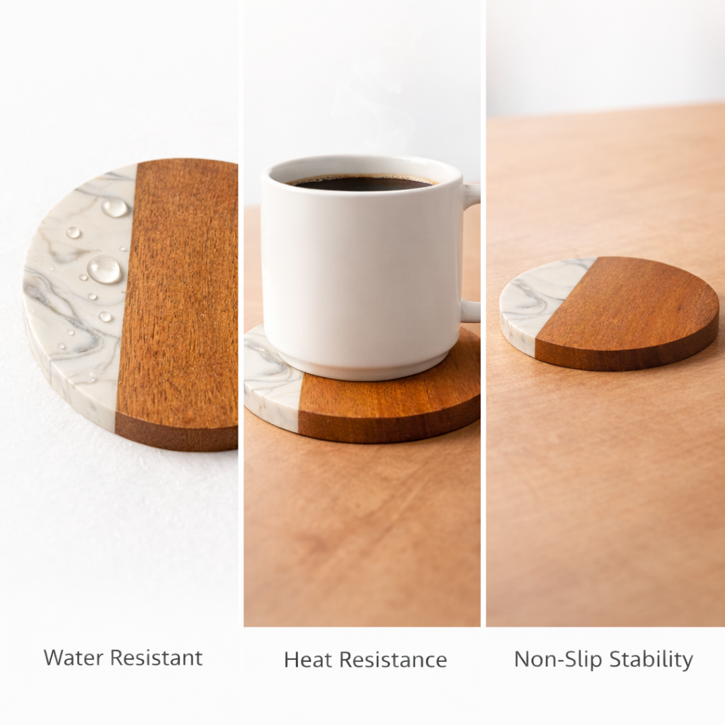 DHITI HOMES Premium Acacia Wood & White Resin Coaster Set | Set of 4