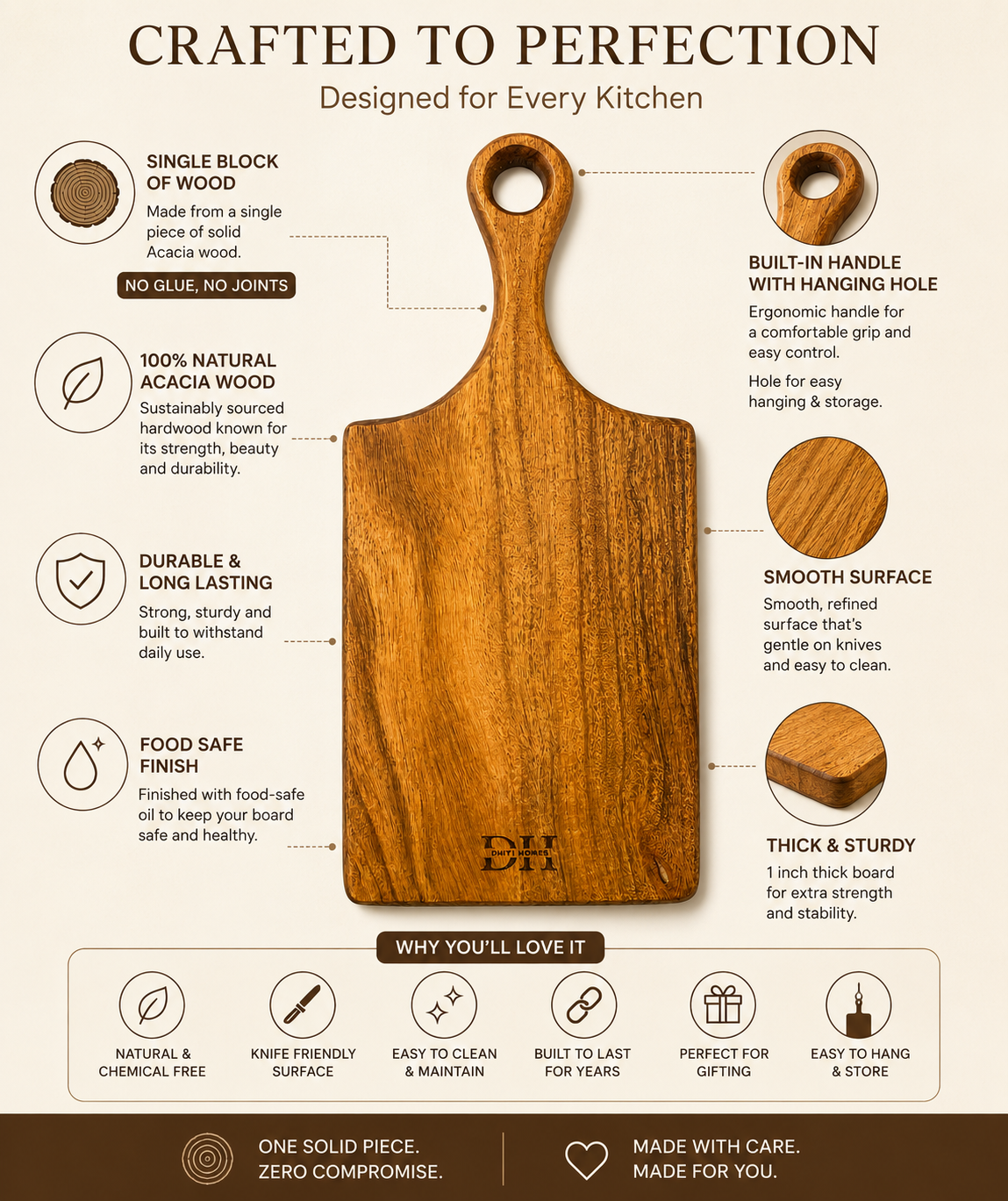 Premium Single-Piece Acacia Wood Paddle Chopping Board | 18 x 8 x 1 Inch | Wooden Cutting & Serving Board with Ergonomic Handle | Food-Safe PU Finish | Multipurpose Kitchen Board for Bread, Cheese, Fruits & Vegetables