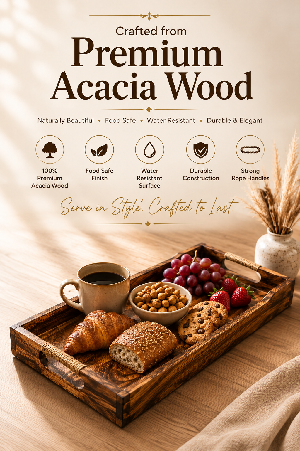Premium Acacia Wooden Serving Tray | Breakfast, Tea, Coffee & Snack Tray