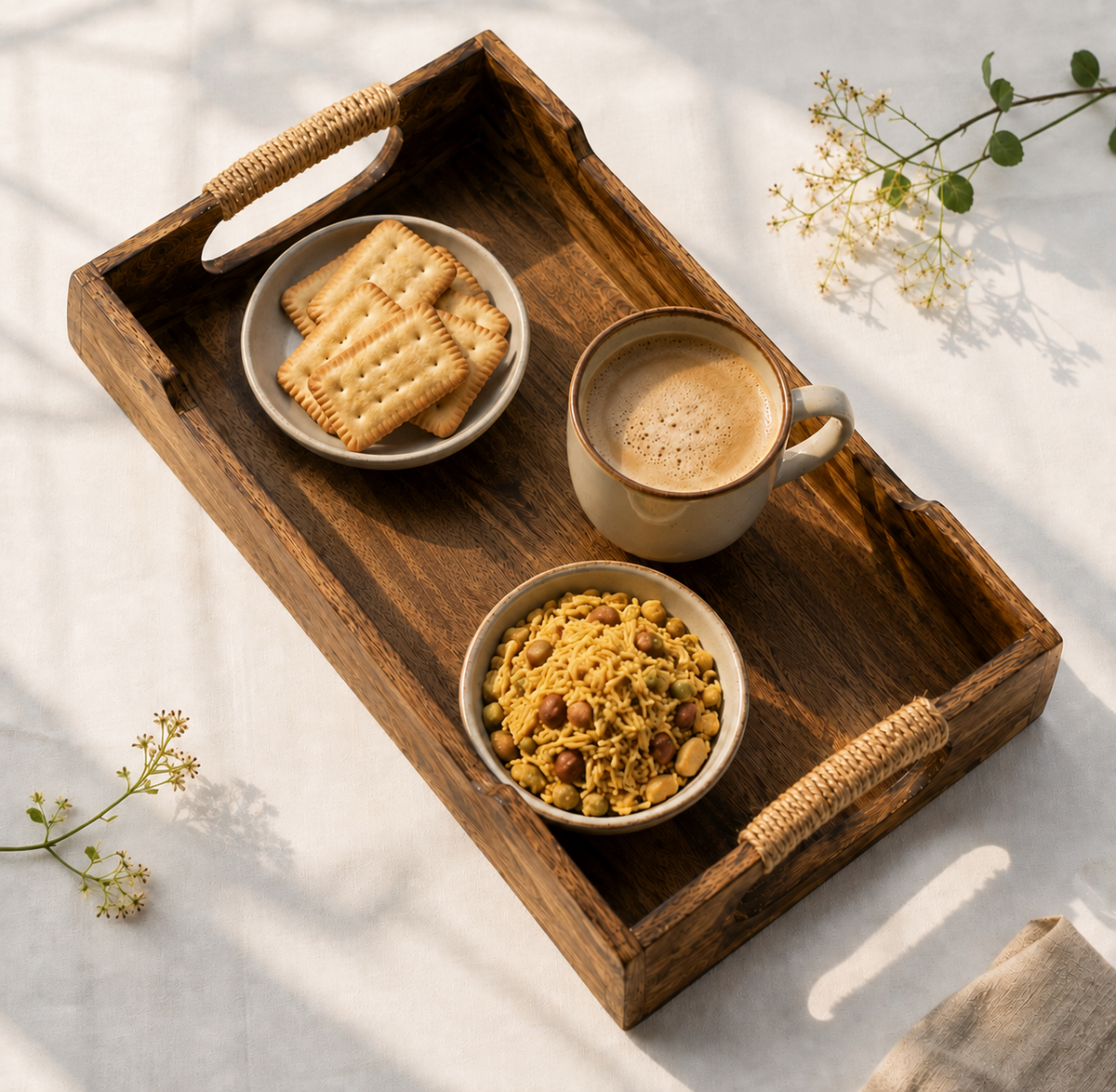 Premium Acacia Wooden Serving Tray | Breakfast, Tea, Coffee & Snack Tray