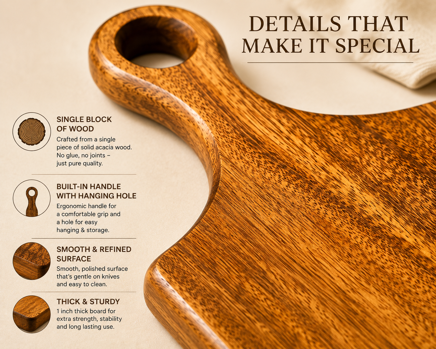 Premium Single-Piece Acacia Wood Paddle Chopping Board | 18 x 8 x 1 Inch | Wooden Cutting & Serving Board with Ergonomic Handle | Food-Safe PU Finish | Multipurpose Kitchen Board for Bread, Cheese, Fruits & Vegetables