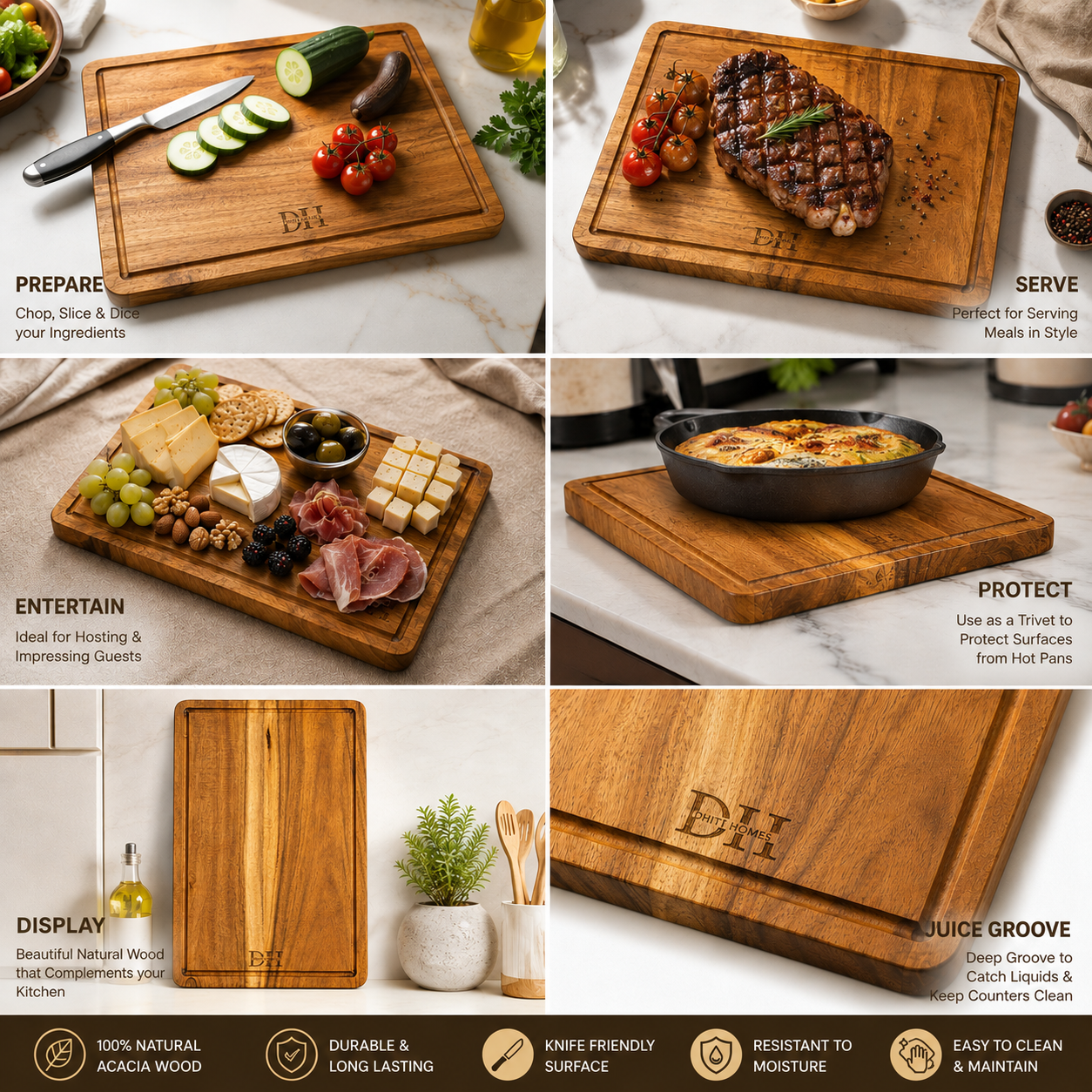 Premium Acacia Wood Cutting & Chopping Board | Large 15 x 10 x 1 Inch | Deep Juice Groove | Food-Safe PU Finish | Heavy-Duty Wooden Kitchen Board for Vegetables, Fruits, Meat & Serving