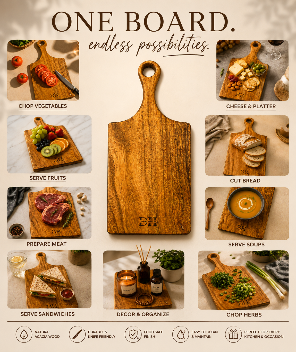 Premium Single-Piece Acacia Wood Paddle Chopping Board | 18 x 8 x 1 Inch | Wooden Cutting & Serving Board with Ergonomic Handle | Food-Safe PU Finish | Multipurpose Kitchen Board for Bread, Cheese, Fruits & Vegetables