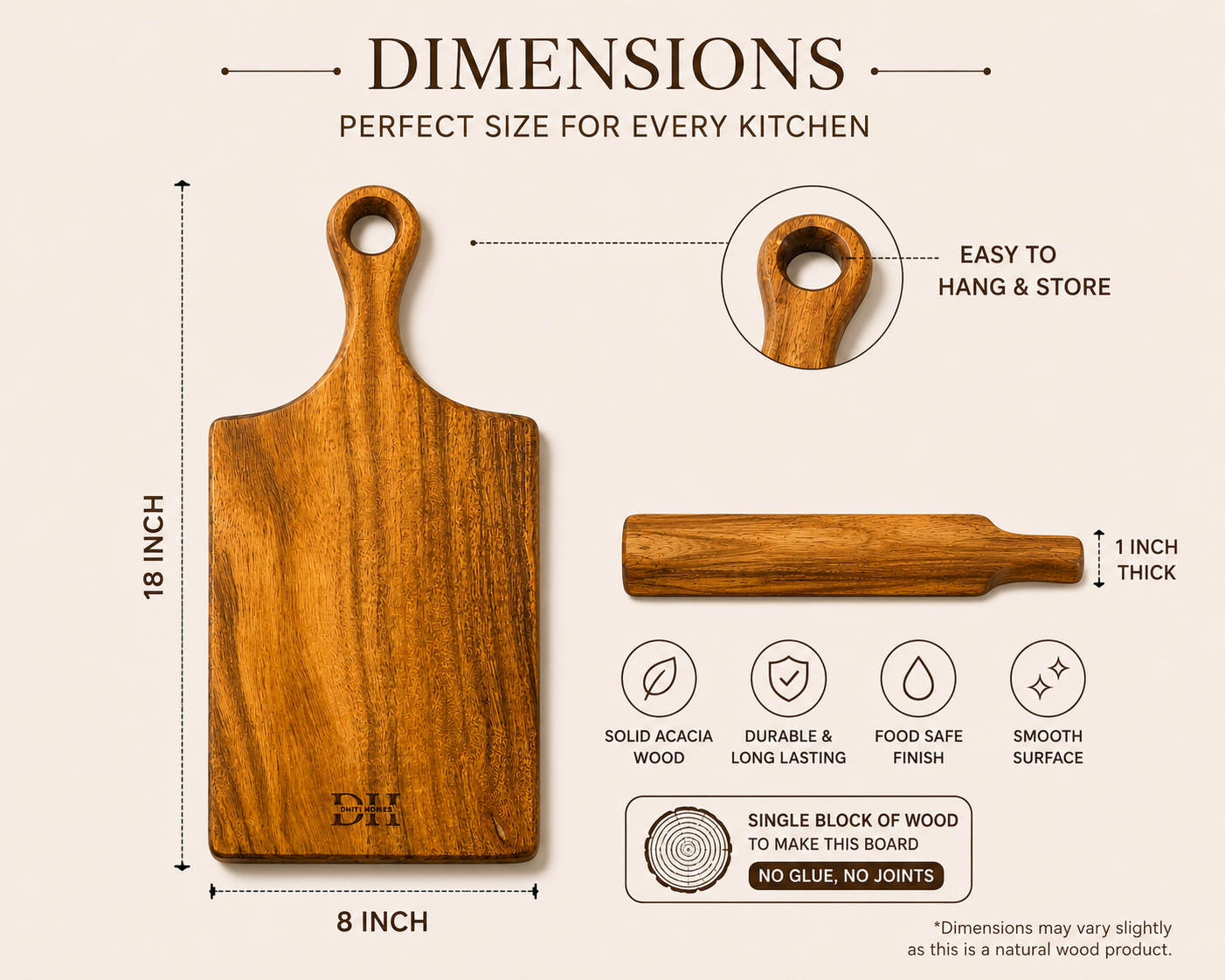 Premium Single-Piece Acacia Wood Paddle Chopping Board | 18 x 8 x 1 Inch | Wooden Cutting & Serving Board with Ergonomic Handle | Food-Safe PU Finish | Multipurpose Kitchen Board for Bread, Cheese, Fruits & Vegetables