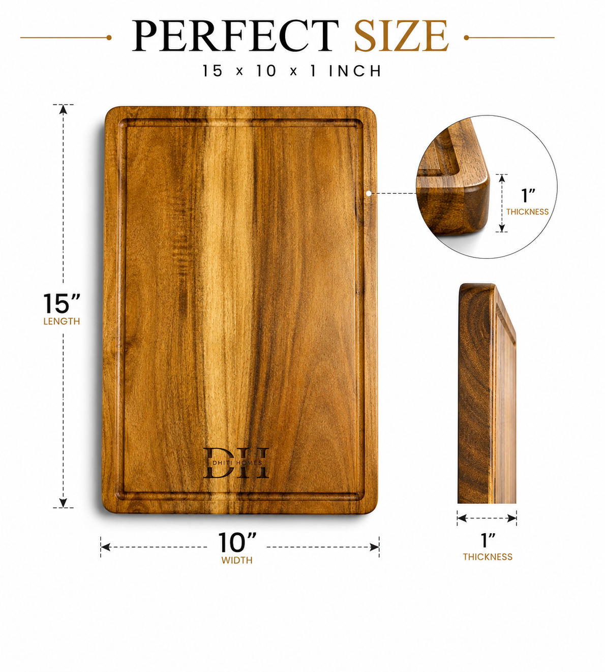 Premium Acacia Wood Cutting & Chopping Board | Large 15 x 10 x 1 Inch | Deep Juice Groove | Food-Safe PU Finish | Heavy-Duty Wooden Kitchen Board for Vegetables, Fruits, Meat & Serving