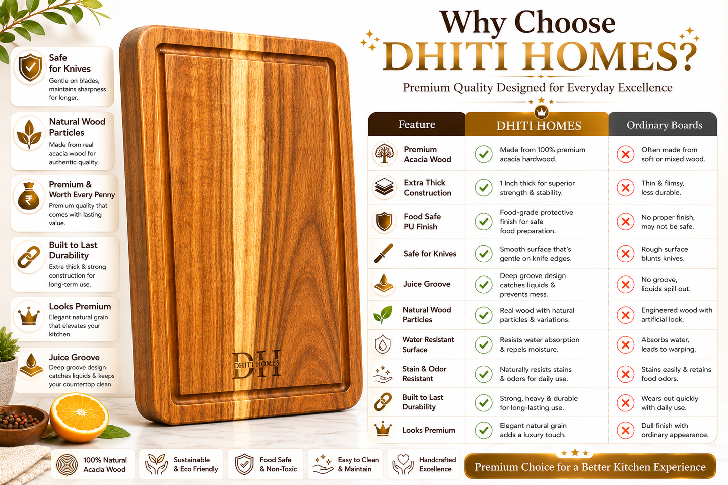 Premium Acacia Wood Cutting & Chopping Board | Large 15 x 10 x 1 Inch | Deep Juice Groove | Food-Safe PU Finish | Heavy-Duty Wooden Kitchen Board for Vegetables, Fruits, Meat & Serving