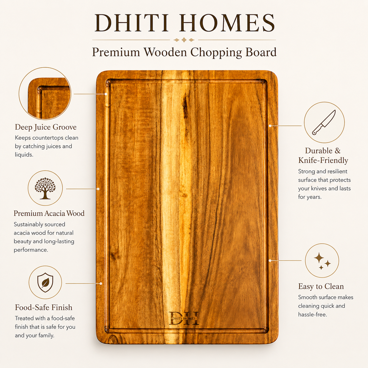 Premium Acacia Wood Cutting & Chopping Board | Large 15 x 10 x 1 Inch | Deep Juice Groove | Food-Safe PU Finish | Heavy-Duty Wooden Kitchen Board for Vegetables, Fruits, Meat & Serving